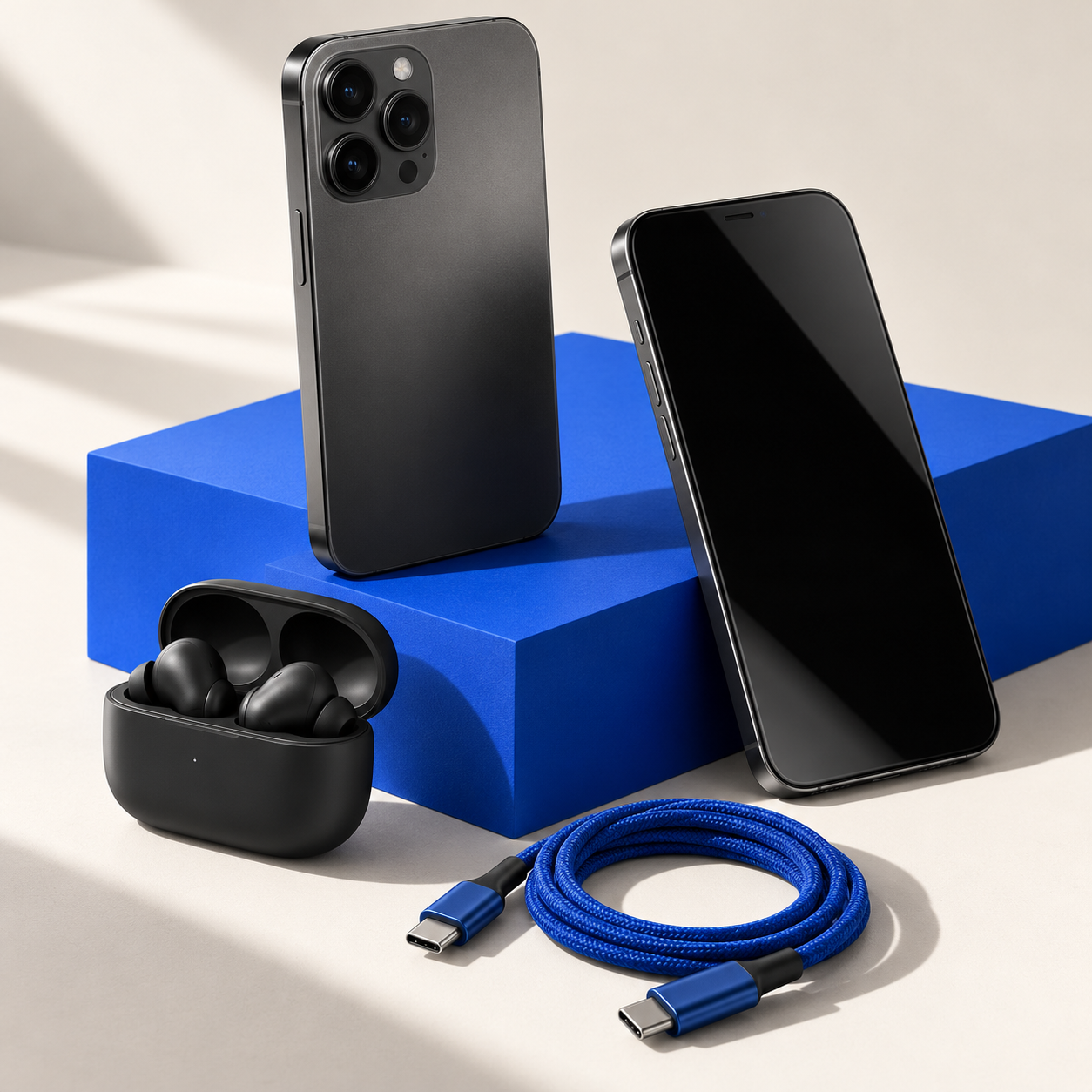 Illustrative studio still life of graphite phones, wireless earbuds and a blue charging cable